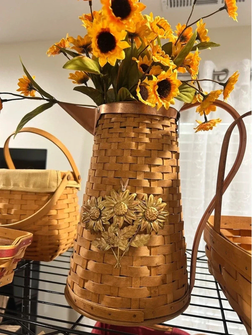 Longaberger woven pitcher basket sunflower tie on